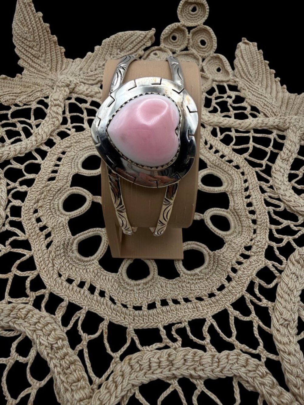 Artisan crafted Pink Conch Heart Sterling Silver Cuff Bracelet Engraved Adj Boho